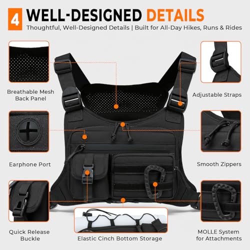 Muserise Outdoor Chest Bag For Men and Women, Tactical Vest For Running, Cycling, EDC Chest Pack Rig For Sports and Workouts - color: Black