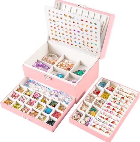 QBestry Earring Jewelry Box for Girls Pink, 5 Layers Jewelry Organizer with Lock Key Jewelry Boxes for Women Necklace and Earring Holder Organizer for Girls Teen Jewelry Box Earrings Case Xmas Gifts - color: Pink, size: Large