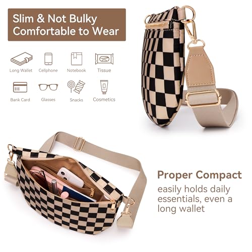 KALIDI Checkered Crossbody Bags for Women Travel Flat Fanny Packs for Woman Men Nylon Cross Body Purse Fashion Belt Bum Bag - color: Khaki Checkered