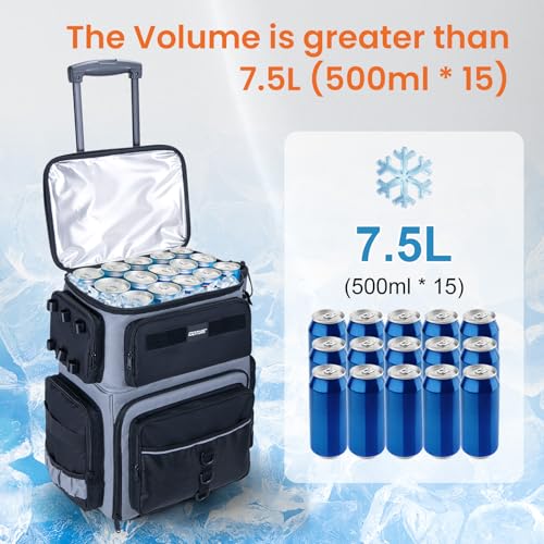 Goture 66L Rolling Tackle Box with Cooler, Gray Large Fishing Bag with Wheels for 5 3700 Trays(Trays Included), Saltwater Resistant Tackle Backpack with Rod Holders - color: Gray, size: With (5) 3700 Trays