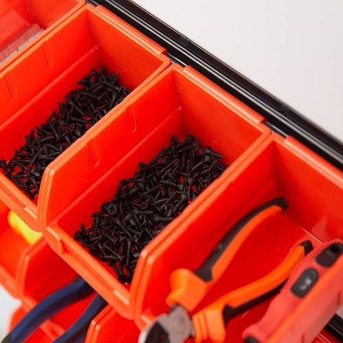 Ultrawall Wall Mounted Storage Bins, Plastic Hanging Storage Organizer Bins, Garage Tool Storage System for Screws, Nuts, Bolts, Nails, and Small Hardware Parts, 12x bins & 3 x rails, Orange - color: Orange