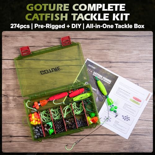 Goture Catfish Rig Making Kit,274pcs/300pcs Catfishing Tackle with Luminous Fishing Hook Swivel Sinker Weights Rattle Float Bobber Stoppers,Catfish Rigs Accessories with 3600 Tackle Box,Gifts for Men - color: B1:274pcs-2pcs Pre-rigged Catfish Rigs&Tackle