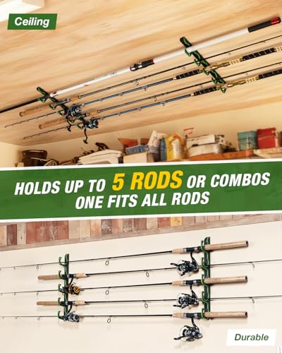 Ghosthorn Fishing Rod Holders for Garage Fishing Pole Holders Ceiling or Wall Mounted Fishing Rod Rack garage Storage Organizer Fishing Gear Equipment for Men Women (Green, 4 Packs) - size: 4 packs holds up 20 rods, style: Green