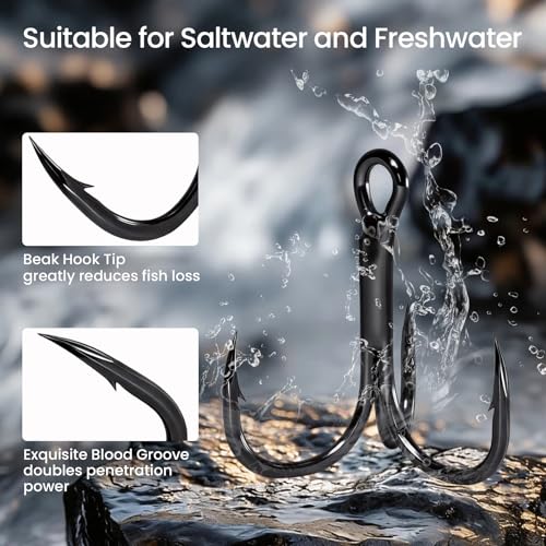 Pristis 3X Strong Fishing Treble Hooks, High Carbon Steel Sharp Barbed Tripple Round Bend Hook Kit Set for Lure Bait, Needle Point for Saltwater Freshwater Bass Trout Tuna Catfish Pike - size: #8 - 32 Pack