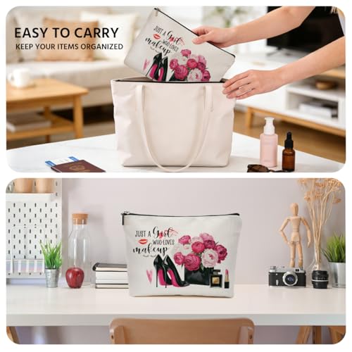 JIUWEIHU Fashion Makeup Bag, Floral High Heel Cosmetic Bags Travel Organizer Bag Zipper Pouch, Christmas Birthday Gifts for Women Friend Colleague, Just A Girl Who Loves - color: Multicolor 0078
