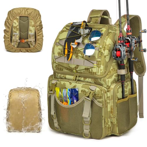 RUCYEN Fishing Backpack, 45L Large Cooler Fishing Tackle bag with Rod Holders & Rain Cover, Water-resistant Store Gear (Khaki Camo) - color: Khaki Camo