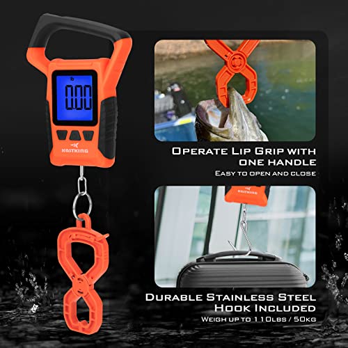 KastKing Fish Scale, WideView Floating Waterproof Digital Scale, 2.5” Large LCD Display, 110lb Capacity, Multi-Mode Pound/Ounces & Kilograms, Stores up to 9 Weights, Fishing Gifts for Men - color: B: Orange combo