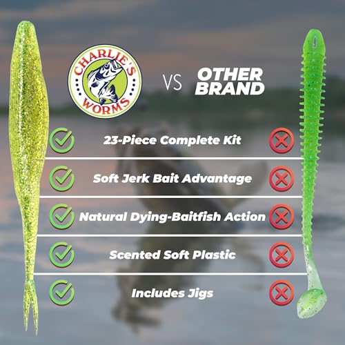 Charlie's Worms Bass Lures Freshwater Fishing Lure - Scented Artificial Softbait for Freshwater & Saltwater Bass Fishing, Swimbait, Softbait - style: Jerkbait (23-piece)