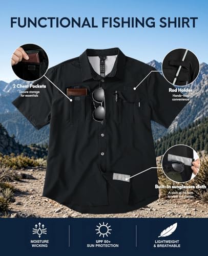 Haimont Men's UPF 50+ Short Sleeve Hiking Button Down Shirt | Quick-Dry Stretch, Mesh Back Vents, Rod Holder & Sunglasses Loops, Outdoor & Travel - color: Black, size: 3X-Large