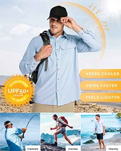 33,000ft Men's Long Sleeve Sun Protection Shirt UPF 50+ UV Quick Dry Cooling Fishing Shirts for Travel Safari Camping Hiking - color: Light Blue, size: X-Large
