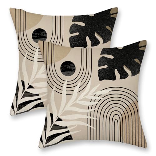 Black Boho Pillow Covers 16x16 Inch 2 Pcs Beige Brown Tropical Leaf Mid Century Summer Outdoor Decor Throw Pillows Modern Geometry Farmhouse Decoration Pillowcase Linen Cushion Cover for Couch - color: Black Brown Beige Boho, size: 16" x 16" (Pack of 2)
