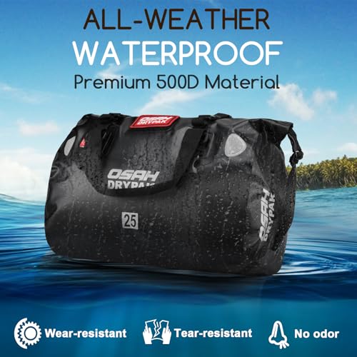 OSAH DRYPAK Waterproof Duffel Bag - Motorcycle Dry Bag Tail Bag with Large Storage Space, Waterproof Luggage Duffle Bags with Outer Mesh Zipper Pocket for Camping, Kayaking, Fishing & Traveling - color: Black, size: 25L