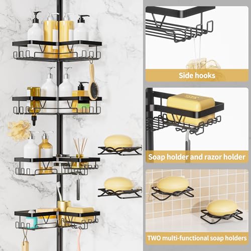 DAOYA Corner Shower Caddy + 2 Soap Holders, 4 Tier Shower Caddy Tension Pole Stainless Steel Black, Extends 25-114.2 Inches, for Bathroom Organizers and Storage, Renter-Friendly and Gift Idea - color: Black-3
