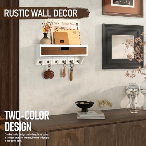 Rebee Vision Farmhouse Pine Wood Key Holder Wall Mount with Drawer Organizer – Decorative Mail Organizer with 6 Key Hooks & Wall Shelf – Home Organization and Room Decor (White & Retro Brown) - color: White & Brown, style: 1-Drawer