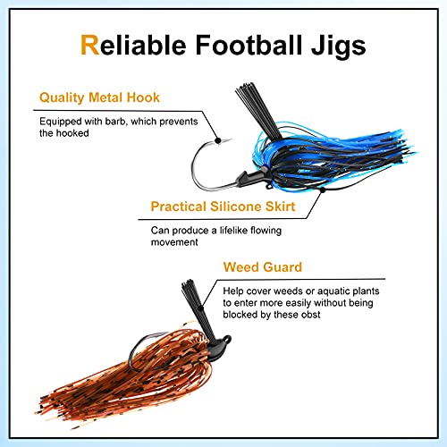 Sumind 8 Pcs Bass Fishing Jigs Bass Weedless Football Jig Metal Football Head Kit Swim Silicone Skirts Weed Guard Flipping Lures, Colorful, 10 G/ 3/8 oz