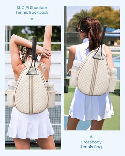 Sucipi Tennis Bag, Quilted Tennis Sling Crossbody Backpack, Water Resistant Tennis Racket Bags for Women Men, Suitable for Pickleball Tennis Badminton - color: Beige, size: Medium
