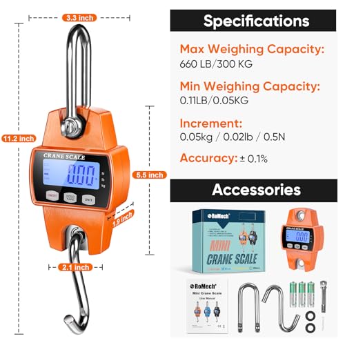 RoMech 660lb Digital Hanging Scale with Cast Aluminum Case, Handheld 300Kg Mini Crane Scale with Hooks for Farm Hunting Fishing Outdoor (Orange) - color: Orange, size: 660lbs