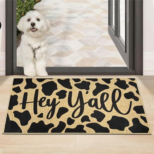 Hey Yall Welcome Door Mat Cow Print Funny Doormat Welcome Entrance Doormat Outdoor Indoor Farmhouse Front Door Mat Inside Outside Non Slip Carpet Rug Washable Doormat for Patio Porch Hallway - color: Cow Print B