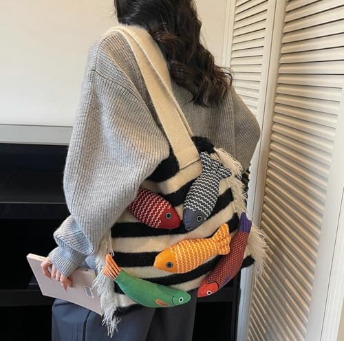 Knitted Beach Shoulder Bag for Women 3D Fish Bohemian Tote Versatile Purse Soft Hobo Handbag for Summer Vacation 2026 - color: C White