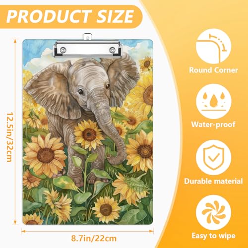 Cute Elephant Sunflower Clipboard, Floral Decorative Clip Board with Metal Clip Cute Plastic Clipboards A4 Standard Size 8.5" x 12.5" for Nurses, Students, Office - color: Elephant