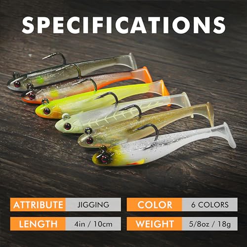 TRUSCEND Shadtale Easy Catch Soft Fishing Lures with BKK Hooks - Trembly Sinking and Vibrating Swim for More Bites, Pre-Rigged Swimbaits for Bass, Trout, Crappie, Walleye, Freshwater Saltwater Fishing - color: 4",5/8oz