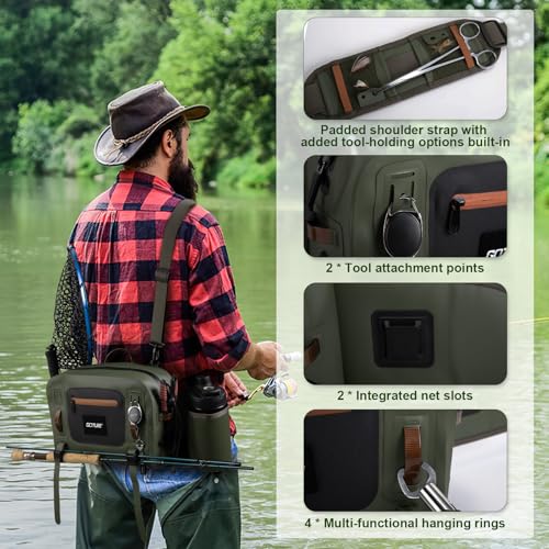 Goture Waterproof Fishing Waist Pack,IPX8 840D TPU Large Tackle Bags with Rod Holder,Airtight Zipper,Detachable Water Bottle Holder, 10L Fly Fishing Bag with Adjustable Strap, Wader Bag Included - color: C1:10L Waterproof Tackle Bag & Wader Bag