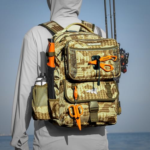 KastKing BaitSpace Fishing Tackle Backpack with Removable Bait Binder,2 Rod Holders Storage Fishing Gear and Equipment - color: H: Khaki Camo（without Tackle Box）