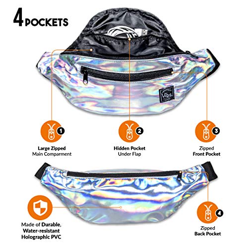 Vibe Festival Gear Rave Fanny Pack for Women Men – Festival, 4 Pockets, Adjustable Strap, Cute Waist Bag, Crossbody Belt Bag, Hiking, Running, Cycling - color: Silver, size: Fits Most