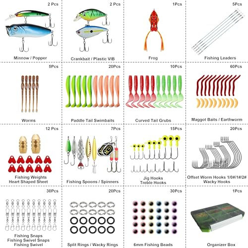 TRUSCEND Complete Fishing Lures - Tackle Box with Tackle Included - Crankbaits, Minnows, Frogs, Vibes, Poppers, Spinners, Spoons, Soft Baits, Hooks & Weights Accessories Kit for Bass Panfish Trout - color: B-240pcs Giftable Kit