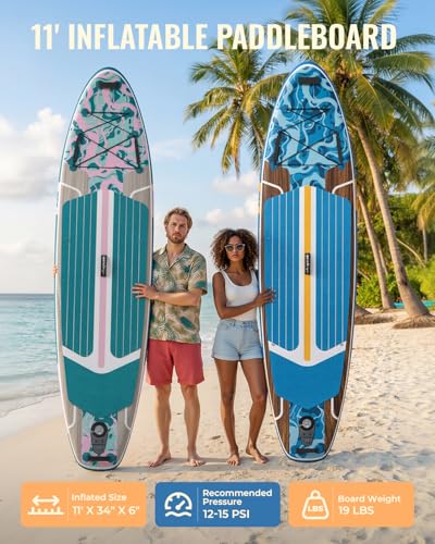 11ft Inflatable Stand Up Paddle Board, Wood Grain Ultra Lightweight SUP, 430lb Capacity for Adults Youth Family, for Fishing Surfing Camping, Includes Backpack & Pump - color: Blue Grained Walnut Wood