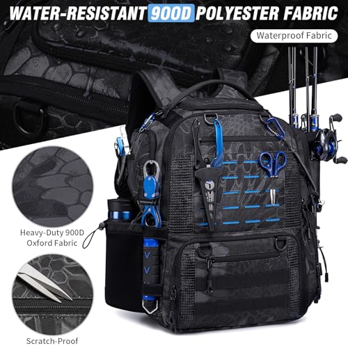 Fishing Tackle Backpack with Tackle Boxes, Two Rod Holders, Bottle Holder, 50L Waterproof Tackle Bag for Fishing Gear, Fish Gifts for Men, Black Camo (4 Tackle Boxes Included - color: Black Camo（4 Tackle Boxes Included）