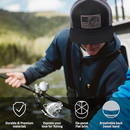 Fishing Gifts for Men - Snapback & Trucker Hats - American Flag Outdoor Fishing Hat - color: 10.iron Gray Flatbrim (Bassflag)