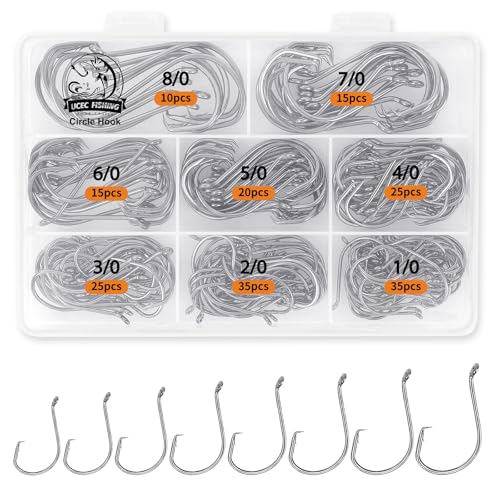 UCEC Circle Hooks Fishing Hooks 2X Strong Offset Circle Hooks Saltwater Black High Carbon Steel Octopus Catfish Hooks Fishing Gear Tackle 150pcs/ 240pcs - Size:#1 1/0 2/0 3/0 4/0 5/0 6/0 8/0 - color: Silver Assortment, size: 180pcs, 1/0 2/0 3/0 4/0 5/0 6/
