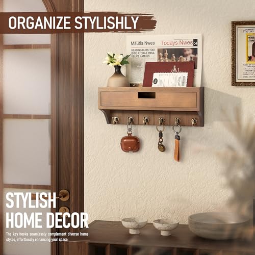 Rebee Vision Farmhouse Pine Wood Key Holder Wall Mount with Drawer Organizer – Mail Organizer with 6 Sturdy Key Hooks and Storage Drawer – Rustic Home Decor for Apartment Essentials (Brown) - color: Brown, style: 1-Drawer
