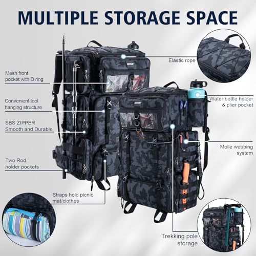 Goture Fishing Backpack with Cooler, 72L 600D Tackle Backpack Included 4 3700 Tackle Boxes, Dry & Wet Split Compartment, Large Fishing Tackle Bag with Rod Holders,Rain Cover for Travel Camping Hiking - color: A2:Camo with 4 3700 Tackle Boxes