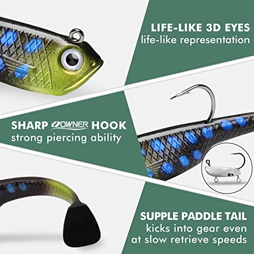 GOTOUR Pre-Rigged Soft Fishing Lures with Weedless Hook, Lifelike Paddle Tail Swimbaits for Bass Fishing, Freshwater & Saltwater Fishing Bait, Fishing Tackle for Bass, Pike, Trout, and Walleye - color: D2-3.3"-0.7oz
