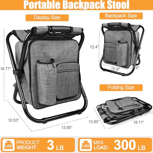 Kikerike Backpack Stool Cooler Chair Heavy Duty 300 LBS Max Load Portable Lightweight Stool Backpack Folding Fishing Cooler Seat for Camping Hunting Fishing - Gray - color: Grey