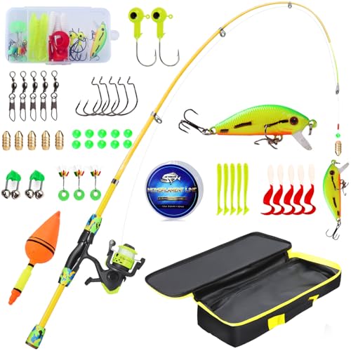 Kids Fishing Rod and Reel Combo,Light Weight Fishing Pole with Spinning Fishing Reel Tackle Bag Lures for Youth,Girls and Boys Good Starter Fishing Kit - color: Yellow