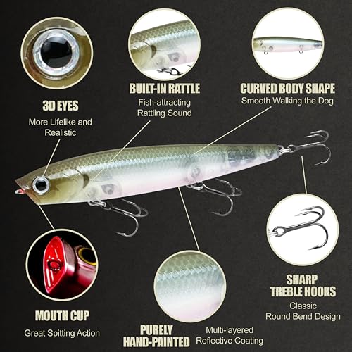 LUCKY CRAFT Gunfish 95 3 Hook Freshwater Fishing Lures and Bait for Bass Fish, Topwater Fish Line, Surface Bait with Treble Hooks, Fishing Gear for Tackle Box - color: 238 Ghost Minnow