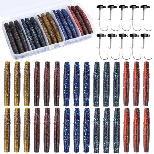 Soft Plastic Worm Fishing Lures Kit, Finesse TRD Stick Worms and Ned Rig Baits with Jig Heads for Bass Fishing, Freshwater Bass Soft Baits - color: Mix Color B - 30pcs Worms+10 Jig Heads, size: 2.75"