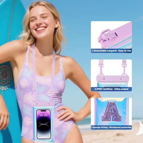 Waterproof Phone Pouch Floating, IPX68 Waterproof Phone Case with Lanyard for iPhone 17 16 15 Pro Max Samsung S26 S25 S24 S23, Up to 7 Inch, Beach Vacation Essentials, Iridescent Purple Letter - color: Iridescent Purple Letter