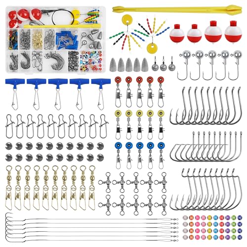 175pcs Fishing Tackle Box Kit Hooks Bobbers Sinkers Swivel Snaps Freshwater Saltwater Starter Set for Bass Trout Catfish Beginner Fishing Gift