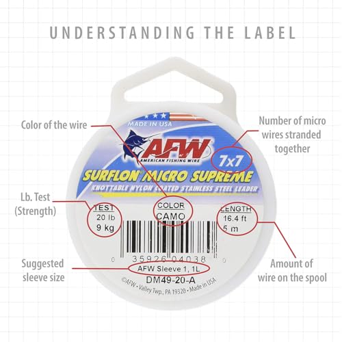 American Fishing Wire Surflon Micro Supreme Nylon Coated 7x7 Stainless Steel Leader Wire - Knottable Wire Leaders for Fishing Saltwater, Fly Fishing, 13lb Test - 90lb Test, Bright, Black & Camo Colors - color: Camo, style: 100 Meter, 65 Pound Test