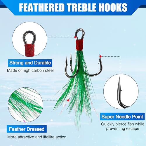 Feathered Treble Fishing Hooks, 120pcs Round Bend Treble Hooks with Split Rings for Making Fishing Lures Spinner Spoon Crankbait Feather Triple Hook Replacement for Saltwater Freshwater