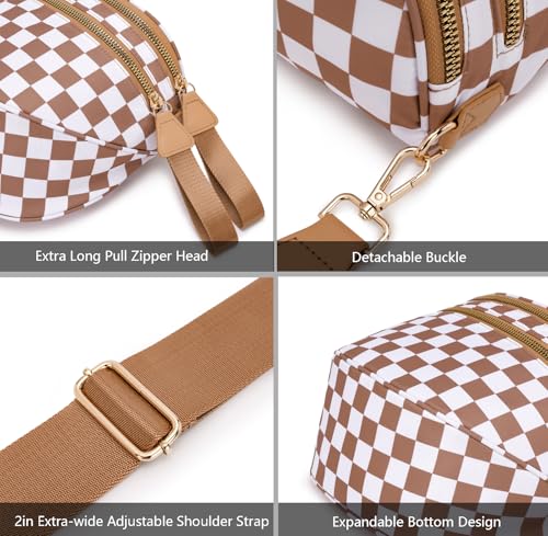 Pure Colour Crossbody Bum Bags for Women Spacious Checkered Cross body Bag Nylon Trendy Fanny Pack for Travel - color: Brown Checkered