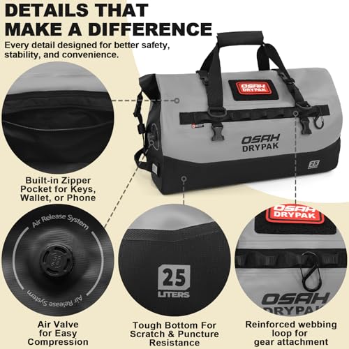 OSAH DRYPAK Waterproof Duffel Bag 25L/40L/60L – Heavy-Duty Motorcycle Tail Bag, Roll-Top Dry Bag for Travel, Camping, Boating, Kayaking, Outdoor Adventure - color: GREY, size: 60L