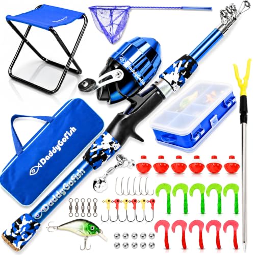 DaddyGoFish Kids Fishing Pole - Rod Reel Combo Tackle Box Starter Set - First Year Small Dock Gear Kit for Boys Girls Toddler Youth Age Beginner Little Children Junior Anglers - color: Blue (Complete Set), size: 4ft