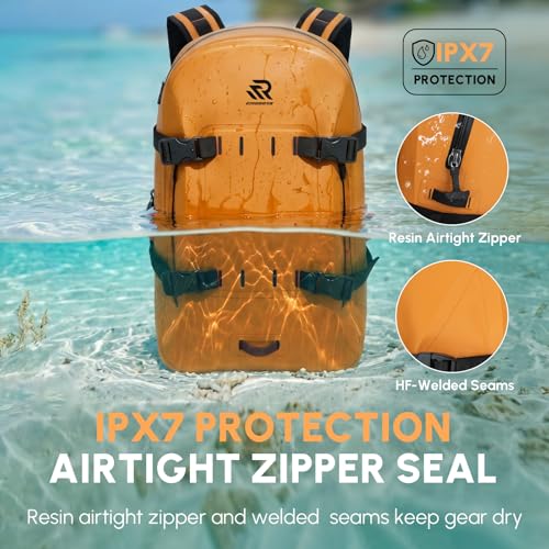 Premium IPX7 Airtight Waterproof Backpack for Kayaking Orange | Boating, Paddle Boarding, Fishing, 30L with Resin Zipper, Rugged Gear Protection Submersible Backpack, Water Sports, Surfing - color: Orange