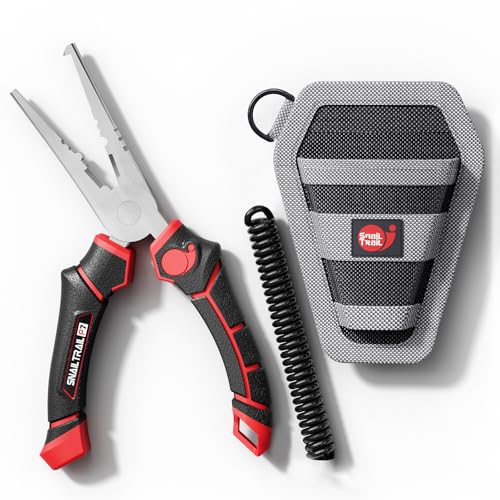 SNAIL TRAIL 7'' Fishing Pliers, Angled Head Split Ring Pliers, Auto-Open by Magnets, Corrosion Resistant Fish Hook Remover, Saltwater Crimping Shot & Wire Cutter Tool - style: Pliers & Sheath