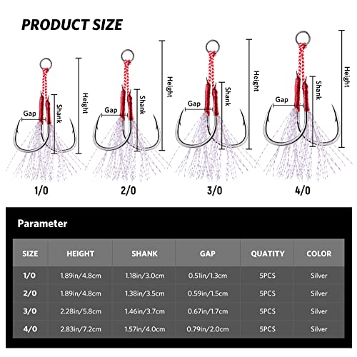 Goture Double Fishing Assist Hooks Kit Jig Assist Glow Hook Slow Fast Fall Jigs Fishing Hook for Lead Vertical Jigging Lures Pack of 5 - color: Red, size: #3/0 (5pcs)